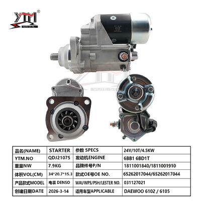 Démarreur moteur 24V 10T 4.5KW DAEWOO 6102 6105 pour moteur diesel, accessoires 1811001840/1811001910 65262017044 65262017044 pour DENSO
