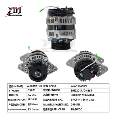 BX201 24V 100A 8PK Alternator Assembly OE Numbers 219051 390050 for DAEWOO DH220-5/DH265 Excavator