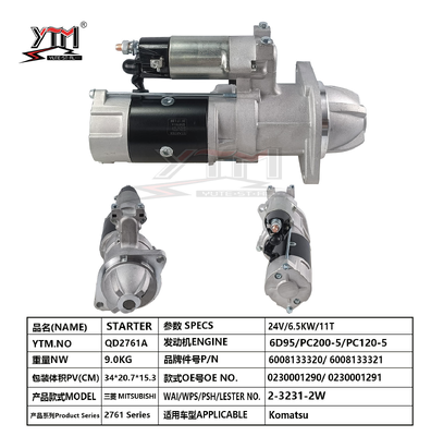 Démarreur 24V 11T 6.5KW QD2761A pour moteur Komatsu PC200-5 PC120-5 6D95 OE 0230001290 6008133320 2-3231-2W