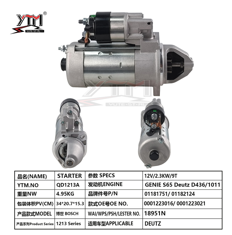 YTM QD1213A 12V 2.3KW 9T Démarreur pour moteur Deutz D436 1011 Genie S65 0001223016 0001223021 Deutz 01181751 01182124 Démarreur de remplacement