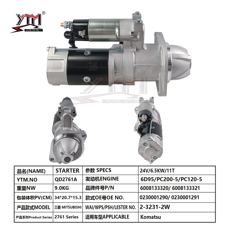Démarreur 24V 11T 6.5KW QD2761A pour moteur Komatsu PC200-5 PC120-5 6D95 OE 0230001290 6008133320 2-3231-2W